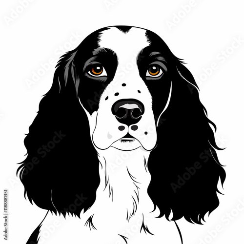 Realistic black-and-white head portrait of English Springer Spaniel with long ears and soft gaze, illustration for breed-specific content, pet care books or vet branding. Concept: dog breed encycloped