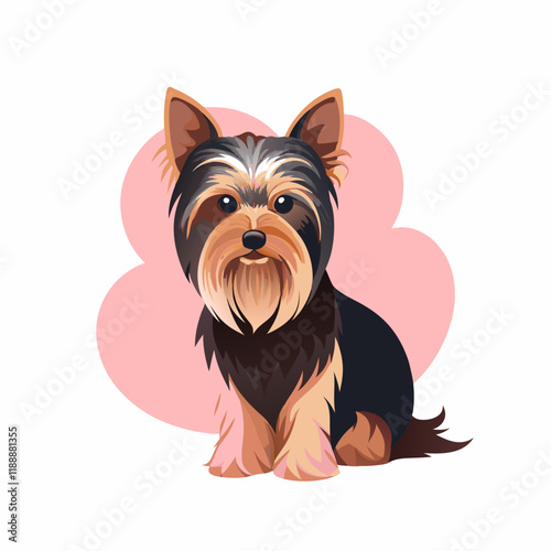 Cute Yorkshire Terrier sitting in friendly pose. Small dog with detailed fur against pink background. Pet concept: Dog grooming, Pet boutique, Animal care