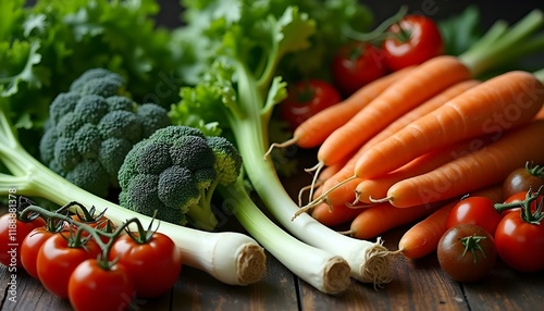 An assortment of fresh vegetables including carrots, broccoli, green onions, tomatoes, and leafy greens