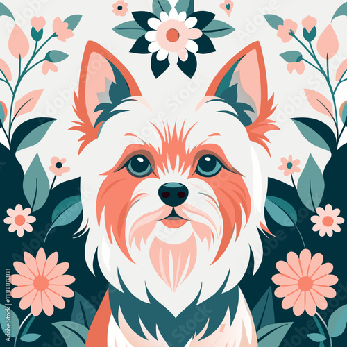 Yorkshire Terrier portrait illustration surrounded by floral patterns on a decorative background
