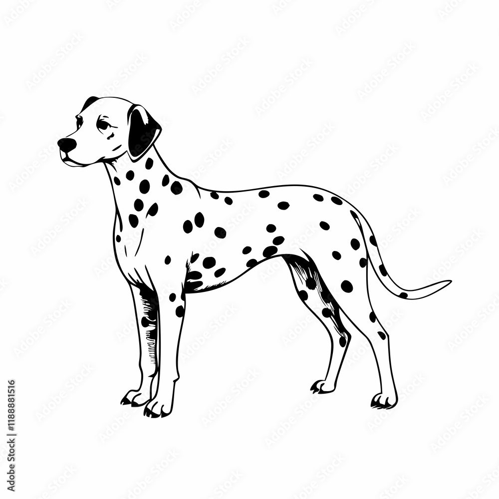 Line art illustration of a poised Dalmatian dog with distinctive spots and an elegant stance Line art illustration of a poised Dalmatian dog with distinctive spots and an elegant stance