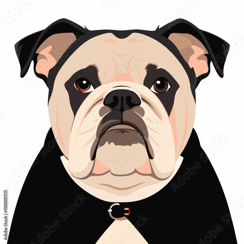 Illustration of a bulldog dog portrait with a serious expression on a white background