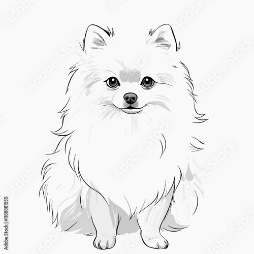 Elegant line art illustration of a Pomeranian dog sitting, with fluffy fur and a gentle expression
