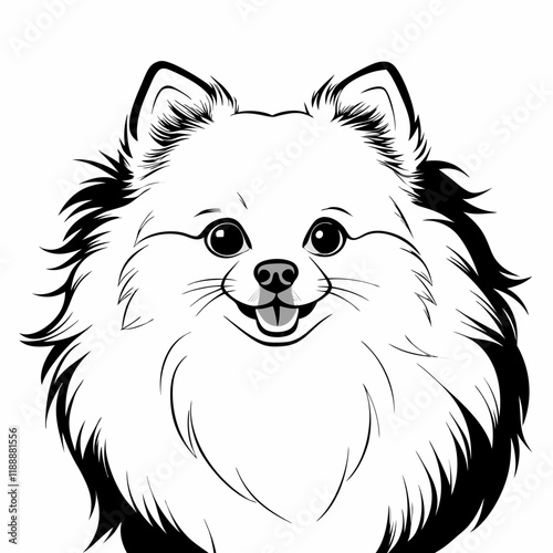 Line art illustration of a happy Pomeranian dog with a fluffy coat and cheerful expression