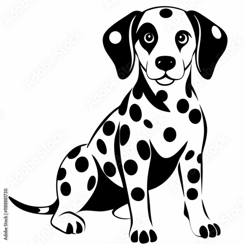 Black and white illustration of a happy Dalmatian puppy with distinct spots