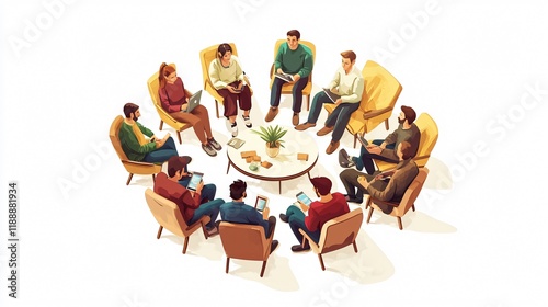Virtual gathering of friends at home for online meeting, wide angle view, centered position