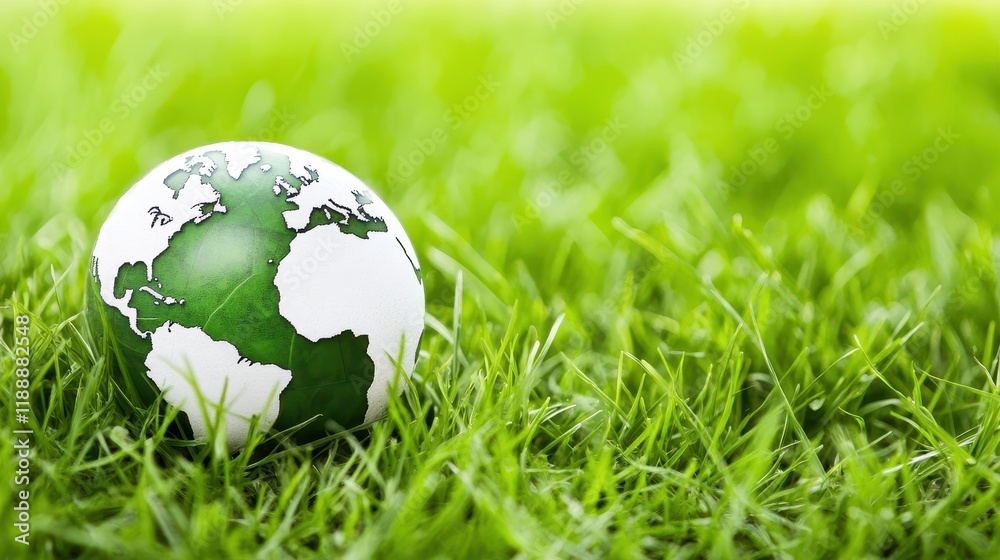 Green Globe on Lush Grass: A Symbol of Environmental Conservation Green Globe on Lush Grass: A Symbol of Environmental Conservation