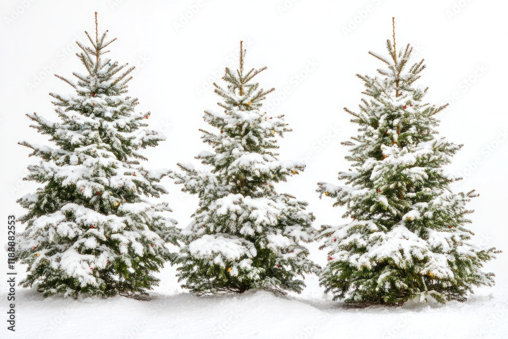 Obraz premium Snow-covered pine trees with festive decorations in a serene winter landscape, soft snowfall adding a magical touch