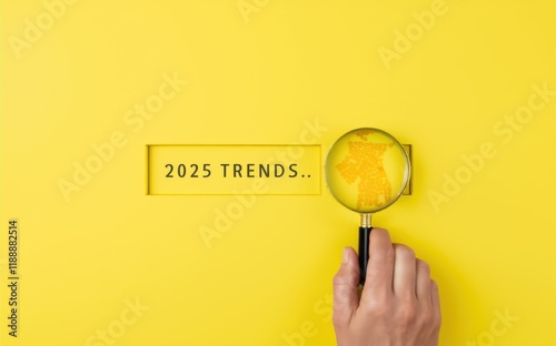 Yellow background, hand holding magnifying glass, number 2025, focus on future, minimalist design, conceptual image, business planning, vision concept, looking ahead, time perspective, goal setting, b