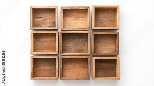 A Wooden wall mounted shelf unit with nine compartments, perfect for decor