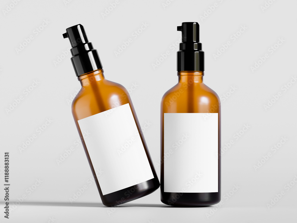 Bottle brown color and black lid with blank label isolated on gray background Bottle brown color and black lid with blank label isolated on gray background