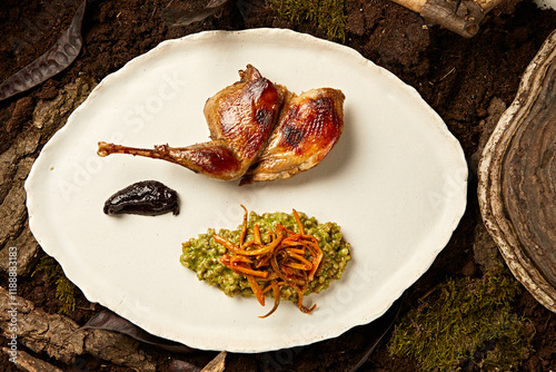 Leg of partridge stew with garnish on a plate