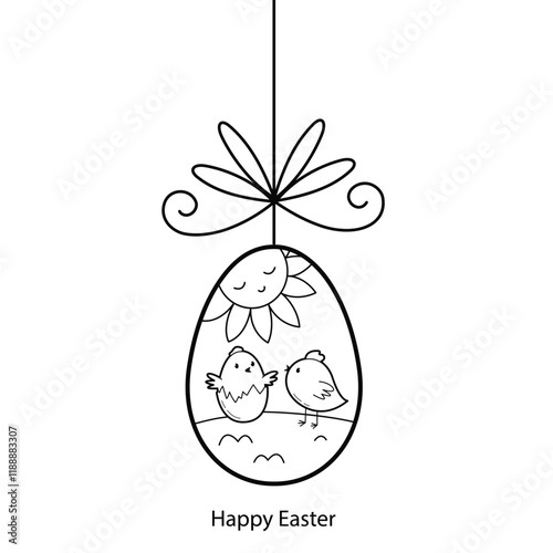 Easter egg. Two chickens. Design element for card. Outline illustration isolated on white background. 