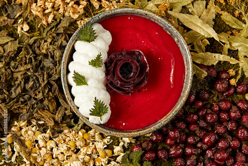 Beetroot with cream sauce in a round shape top view