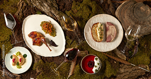 Still life of stewed partridge, dumplings and sandwich