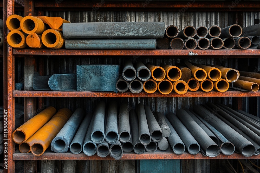 Rusty Metal Pipes and Tubes Stockpiled in Warehouse Rows Rusty Metal Pipes and Tubes Stockpiled in Warehouse Rows