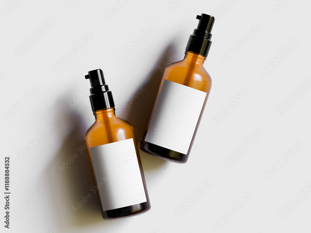 Bottle brown color and black lid with blank label isolated on gray background Bottle brown color and black lid with blank label isolated on gray background