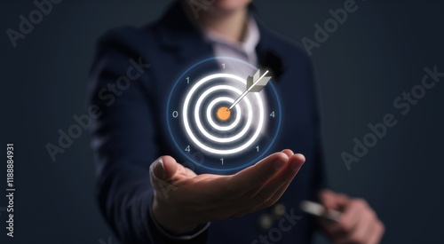 Business professional, hand outstretched, glowing digital target, bullseye hologram, blue suit, dark background, achievement concept, goal visualization, futuristic technology, corporate success, prec photo