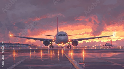 Airplanes preparing for takeoff at sunrise, with tarmac lights shining and the sky painted in soft dawn hues. photo