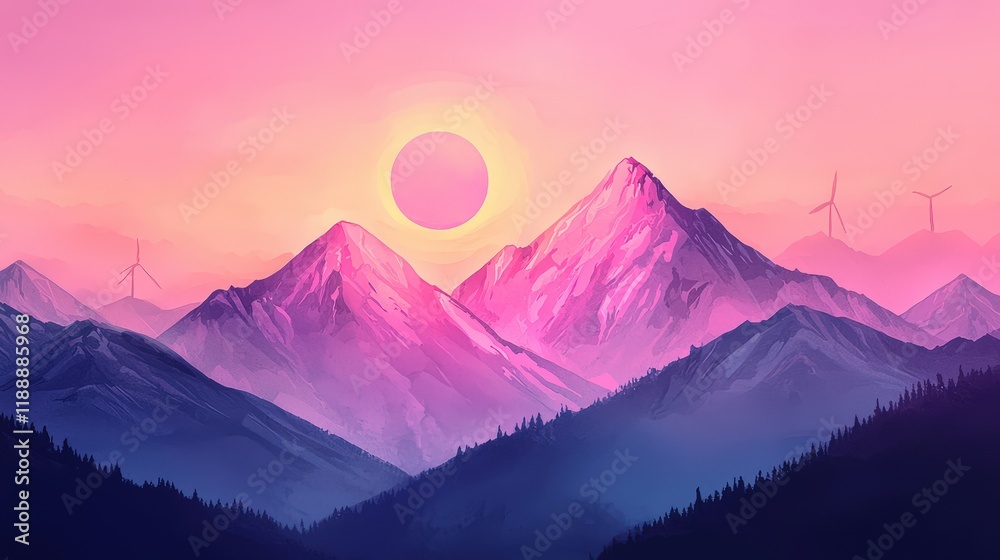 Fototapeta premium Wind turbines on mountain peaks glowing against a sunrise backdrop