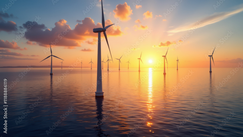 Obraz premium Sunset over a wind farm on the water with green energy theme.