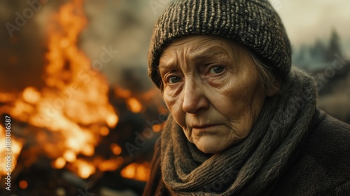 Against a backdrop of smoldering debris, an elderly woman in a knit hat stares with unwavering determination, portraying the raw essence of human endurance.