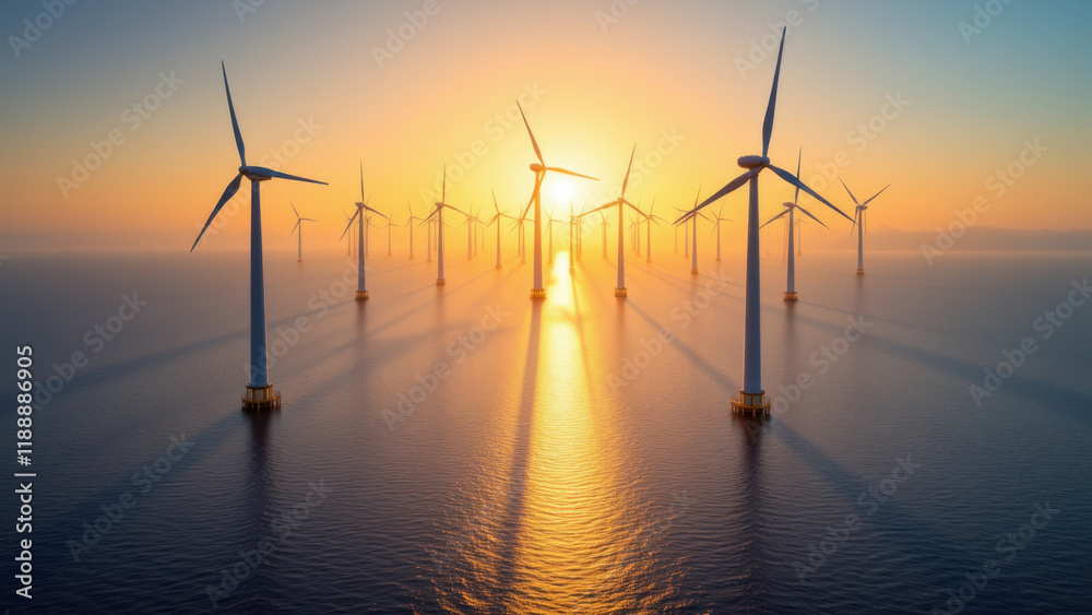 Spectacular sunset with wind turbines floating on ocean water. Spectacular sunset with wind turbines floating on ocean water.
