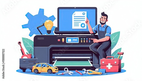 Technician showing printed document on computer screen next to large printer