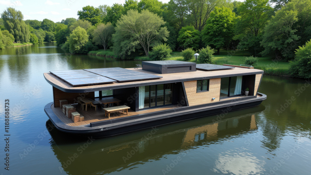 Obraz premium Solar-powered houseboat on a river, showcasing sustainable green energy.