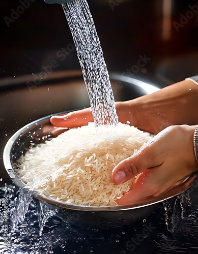Water pours into a bowl, rinsing the raw white rice grains within.