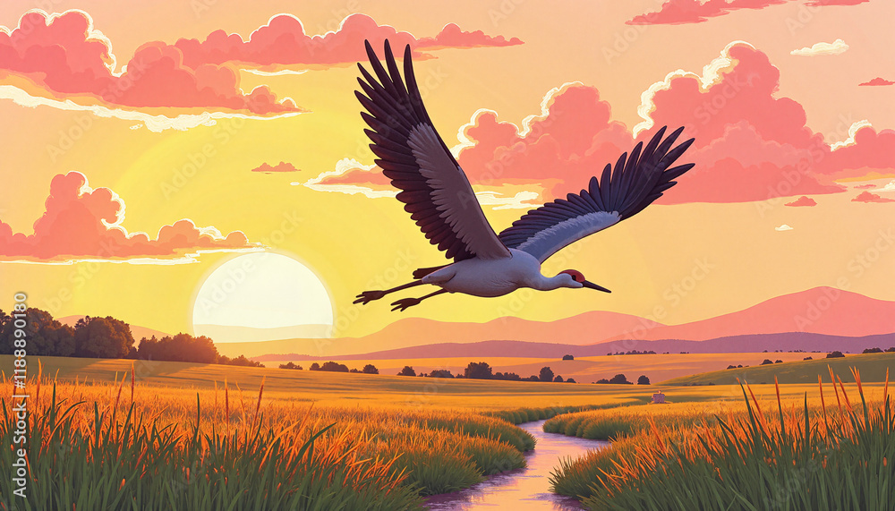 Fototapeta premium Crane soaring gracefully above grassy plain at sunset, artistic symbolism