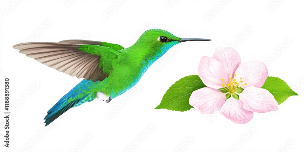 Obraz premium Vibrant Green Hummingbird in Flight Near Delicate Pink Blossom
