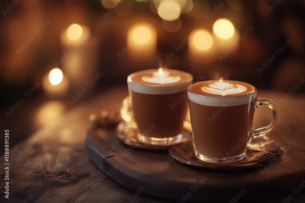 Warm cups of coffee with intricate latte art surrounded by soft candlelight in a cozy setting