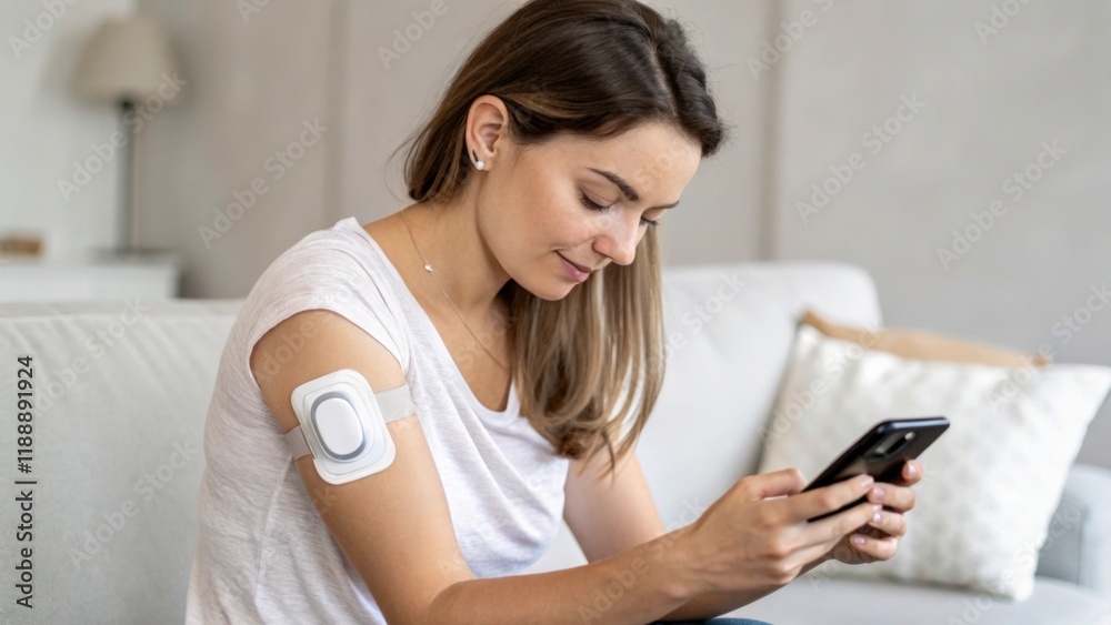 Woman controlling glucose level using continuous glucose monitoring system and checking data on smartphone Woman controlling glucose level using continuous glucose monitoring system and checking data on smartphone