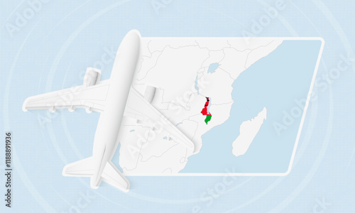 Malawi Travel Illustration with Plane and National Flag. Airplane Flying Over Malawi Map.