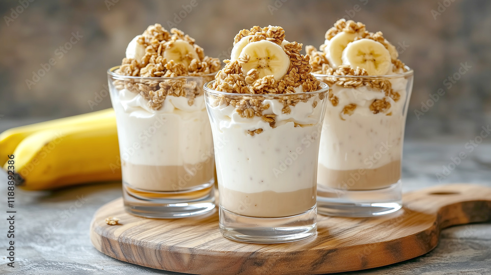 Delicious banana yogurt parfaits with granola on wooden board Delicious banana yogurt parfaits with granola on wooden board