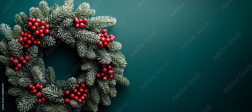 Festive Christmas Wreath On A Teal Background, Minimalist Holiday Decoration, Winter Season Festive Christmas Wreath On A Teal Background, Minimalist Holiday Decoration, Winter Season