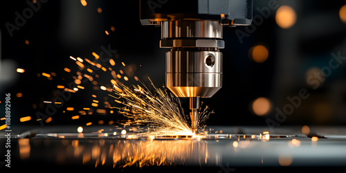 Precision metalworking sparks fly as a CNC machine cuts a metal workpiece.  The intense heat and precision create a visually stunning image.