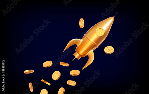 3D golden rocket with flying Bitcoins.  Stock vector illustration on dark blue isolated background	