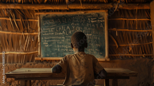 A student in Ghana listens intently to a lesson written on a chalkboard in a rural school; sitting at a wooden desk beneath a thatched roof; dreaming of a brighter future through education.