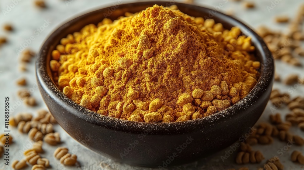 Ground fenugreek powder in small dark bowl. Whole fenugreek seeds scattered beside. Natural spice. Culinary ingredient. Healthy food. Natural health product. Food product. Food photography. Cooking. Ground fenugreek powder in small dark bowl. Whole fenugreek seeds scattered beside. Natural spice. Culinary ingredient. Healthy food. Natural health product. Food product. Food photography. Cooking.