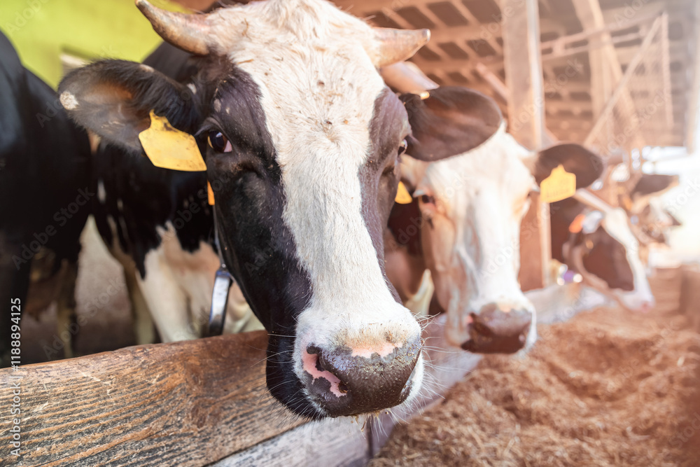 foot and mouth disease. Group of cows at cowshed eating hay or fodder on dairy farm.