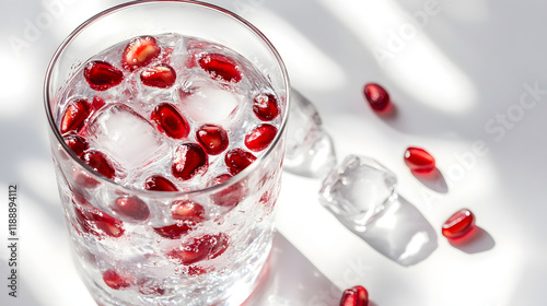 Sparkling Water with Pomegranate Seeds and Ice Cubes in Clear Glass photo