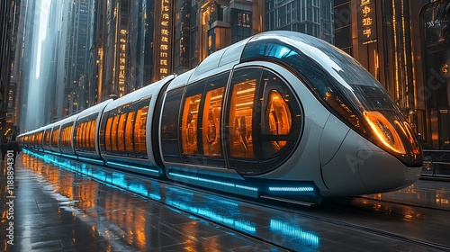 Futuristic Train Traveling Through City Streets at Night photo