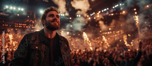 Wallpaper Mural Excited young man celebrating at a lively concert. A man laughs heartily during a show. A man joyful crowd having fun and enjoying the entertainment in a lively and exciting atmosphere.   Torontodigital.ca