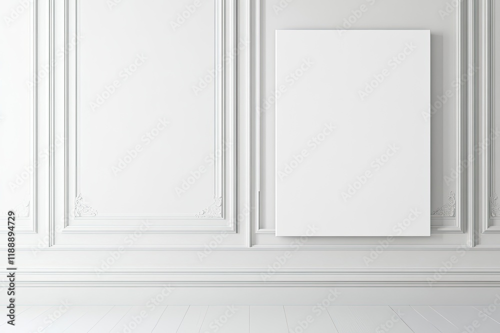 A white wall in a modern office interior, with a large white blank canvas on the right side. A white wall in a modern office interior, with a large white blank canvas on the right side.