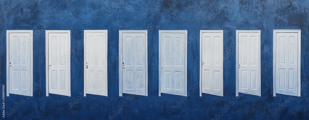 A series of white doors in various positions on a blue background, symbolizing multiple choice options or possibilities.