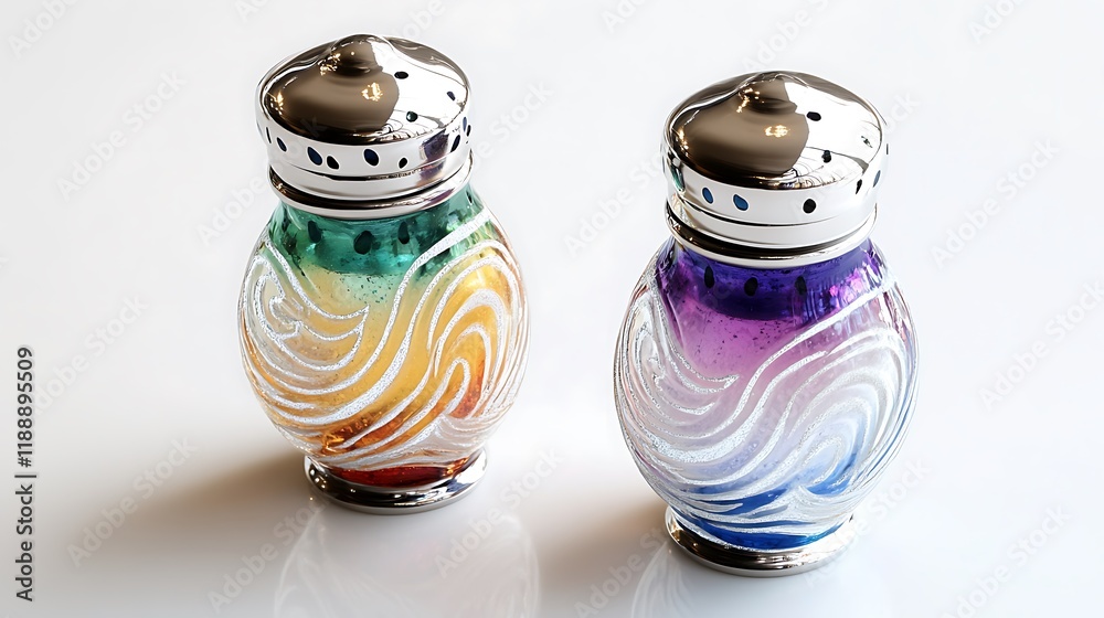 Chic retro salt and pepper shakers with colorful etched glass and silver lids, isolated on a white background, ultra HD Chic retro salt and pepper shakers with colorful etched glass and silver lids, isolated on a white background, ultra HD