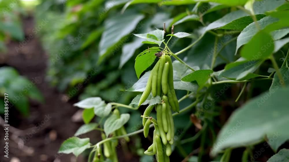 Vibrant Green Beans Hanging on a Lush Plant Vibrant Green Beans Hanging on a Lush Plant