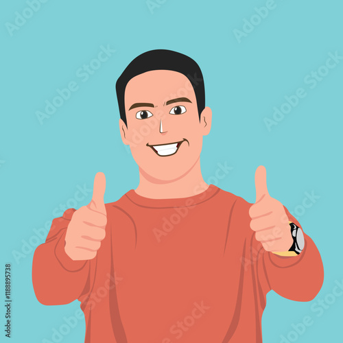 Colorful vector illustration showing a cheerful man wearing a red shirt and giving a thumbs up, indicating a positive attitude and approval. Perfect for conveying messages of encouragement, approval.